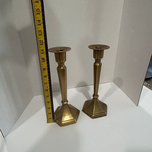 Vintage Brass Candlesticks Holder Featuring Six Sided Hexagonal Base Design - Picture 6 of 12